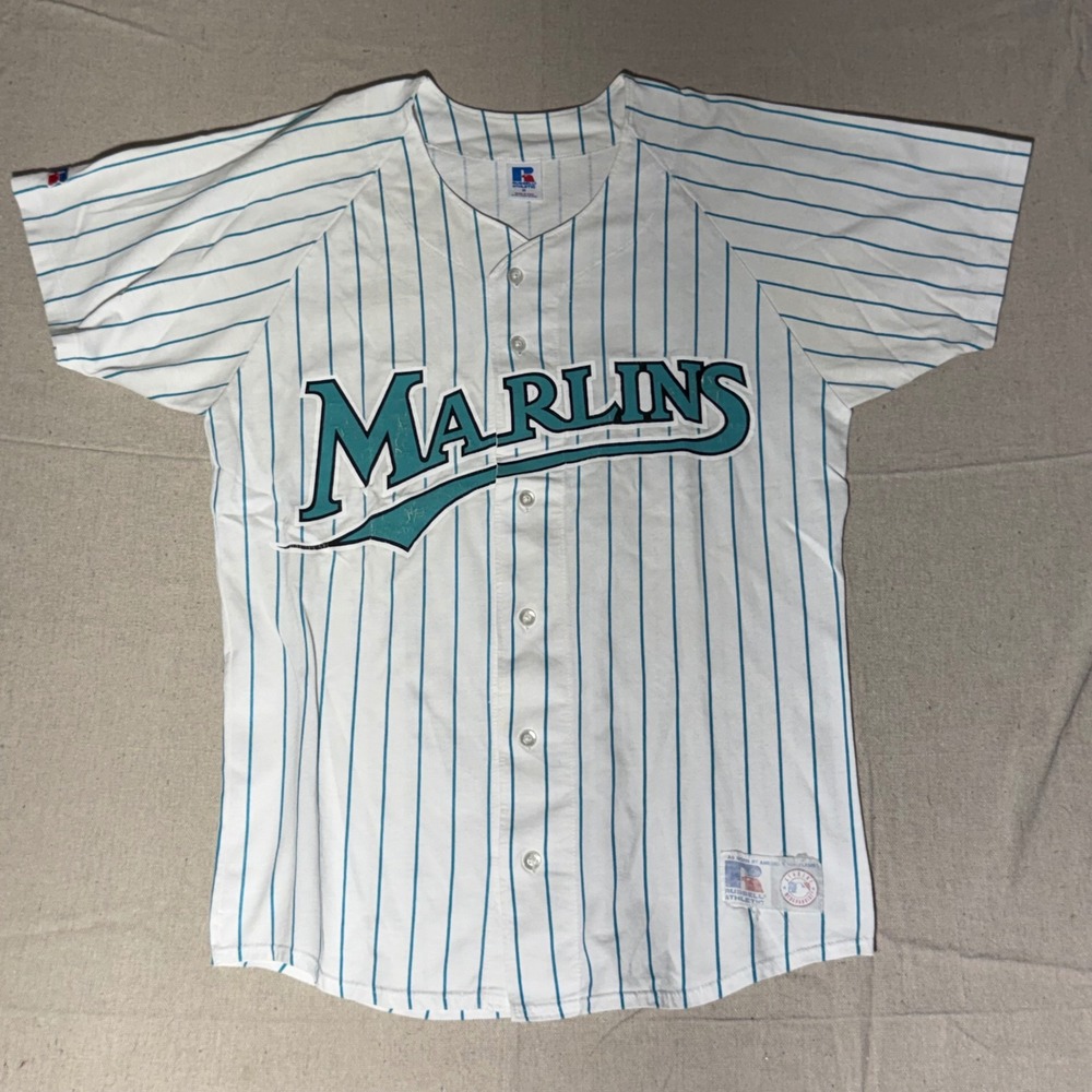 Vintage Russell Athletic Florida Marlins Baseball Jersey Pinstripe White Teal M